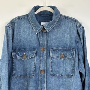 Loft Denim Shirt Jacket Womens Sz L Shacket Button Front Pockets Cotton Classic